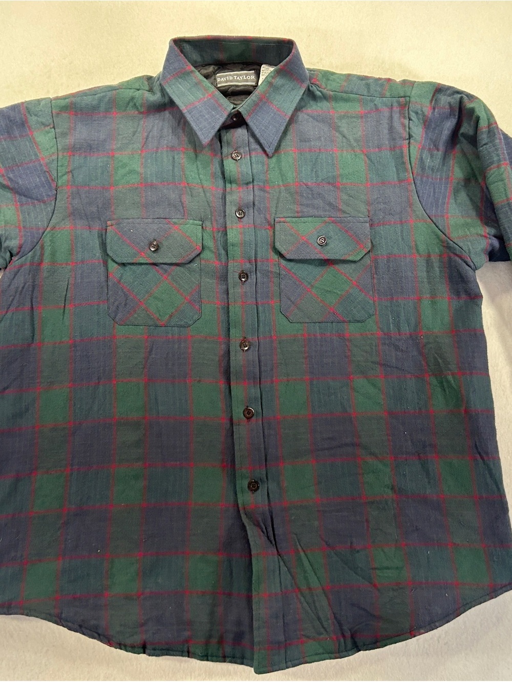 David Taylor Mens XL Green Blue Plaid Flannel Cotton Lined Pocket Button-Up